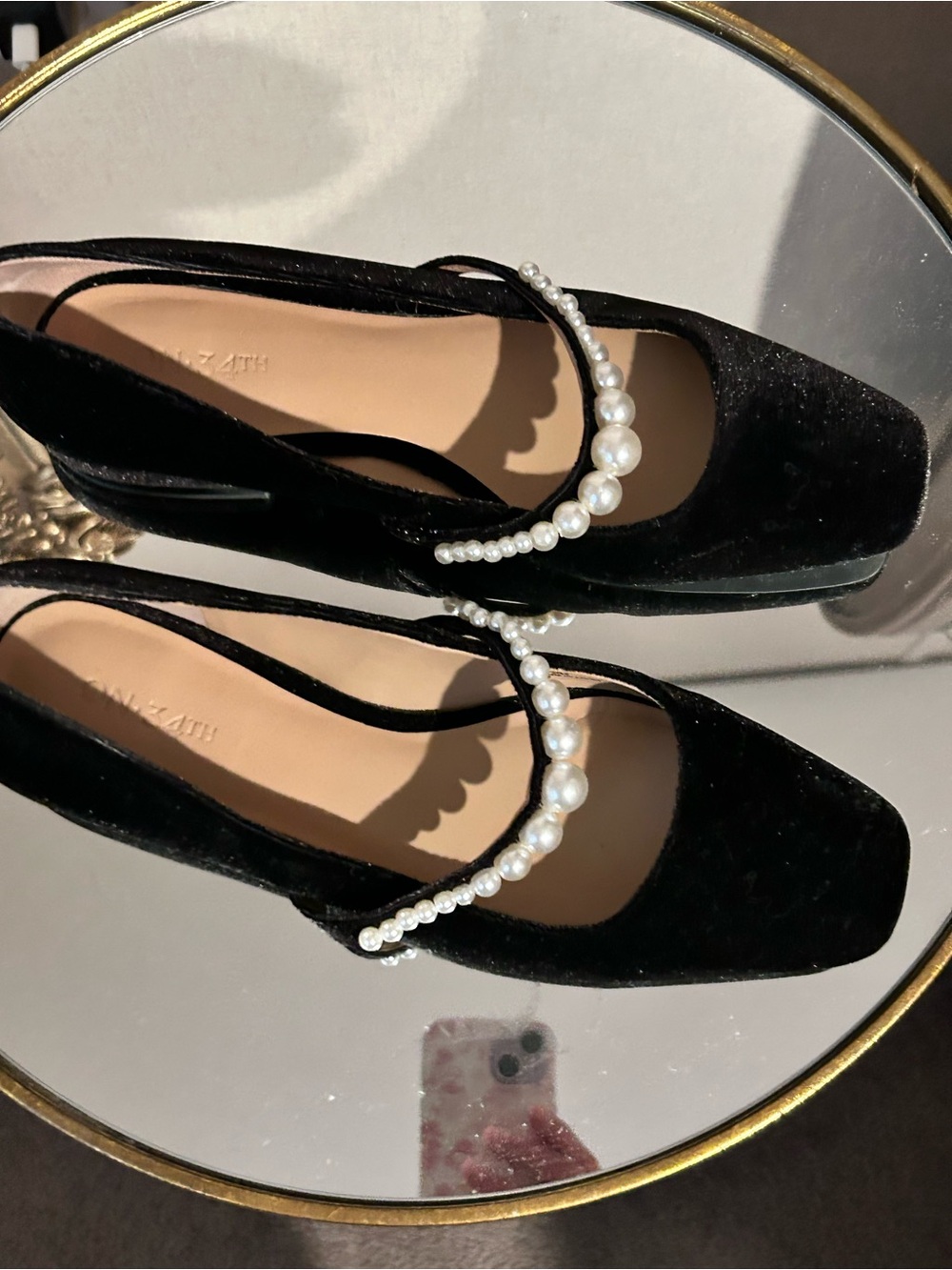 Women’s black velvet Mary Jane’s with pearls